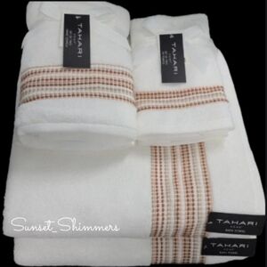 6pc TAHARI Rust Tan Ombre Dot Stripe Luxury Plush Bath Hand Tip Towel Set